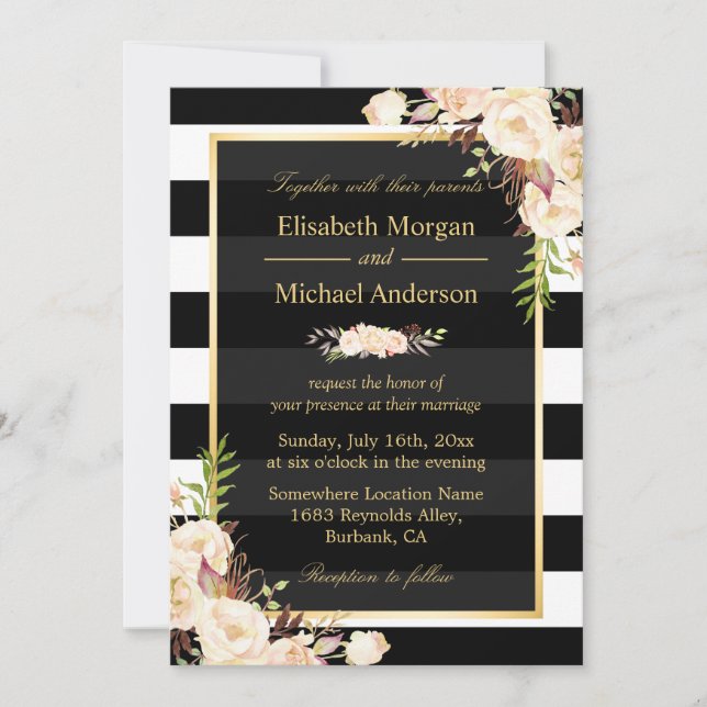Shades of Ivory Floral Stripes Winter Wedding Invitation (Front)