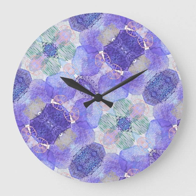 Shades of Lavender and Green Abstract Flowers Large Clock (Front)