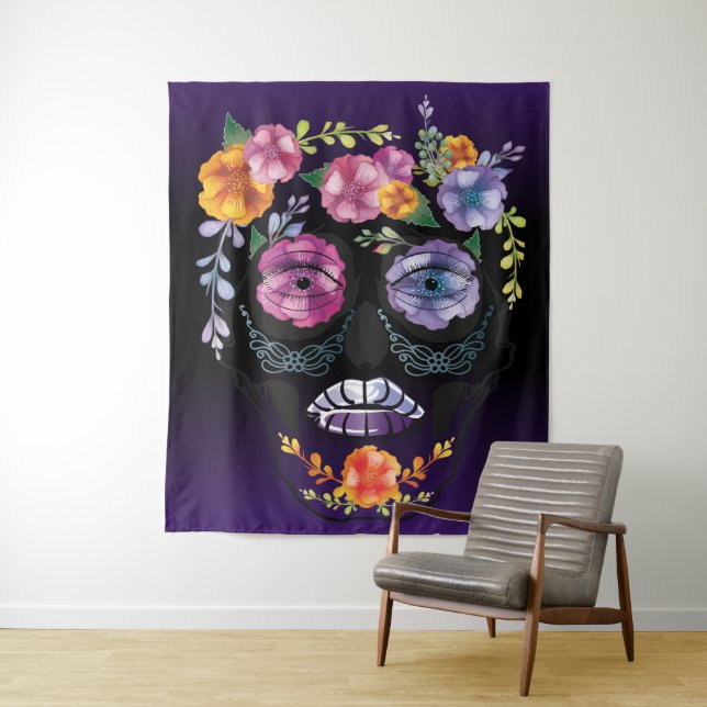Shades of Lavender Female Flower Skull Tapestry (In Situ)