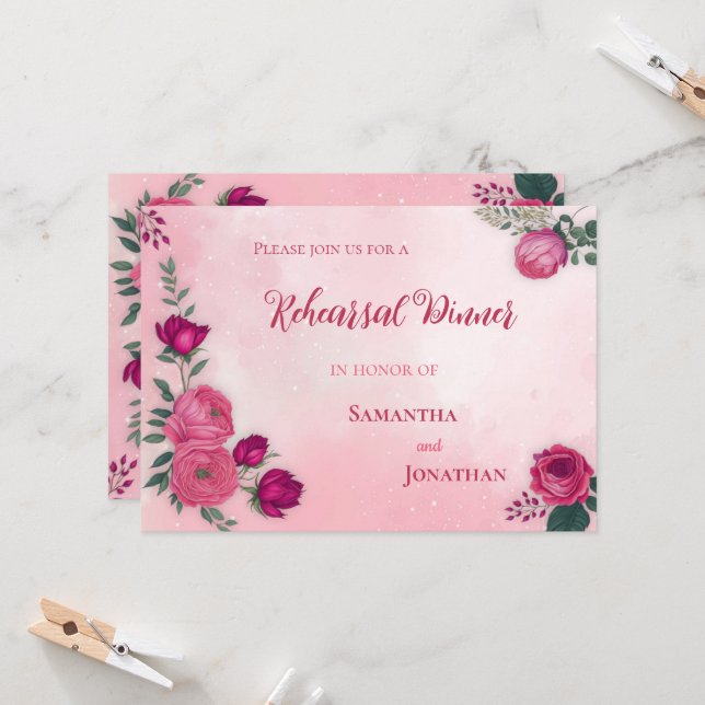 Shades of Magenta Pink Rose Modern Dinner  Invitation (Front/Back In Situ)