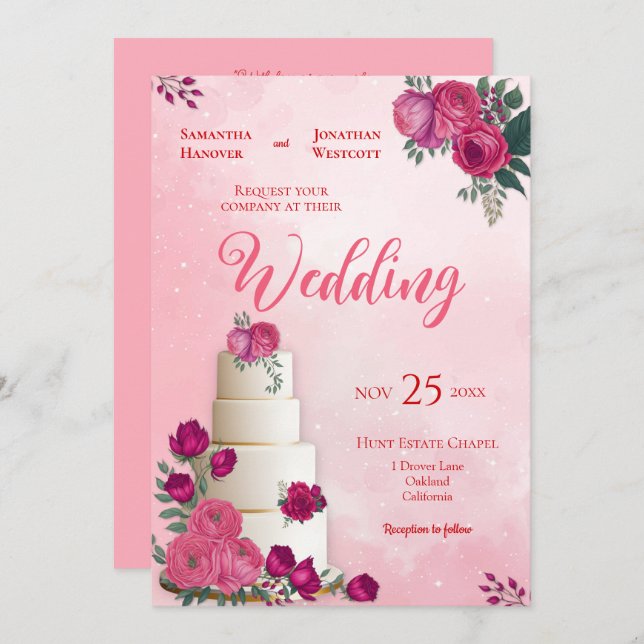 Shades of Magenta Pink Rose Modern Wedding   Invitation (Front/Back)