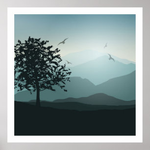 Shades of Mountains Smokey Green Blues Lonely Tree Poster