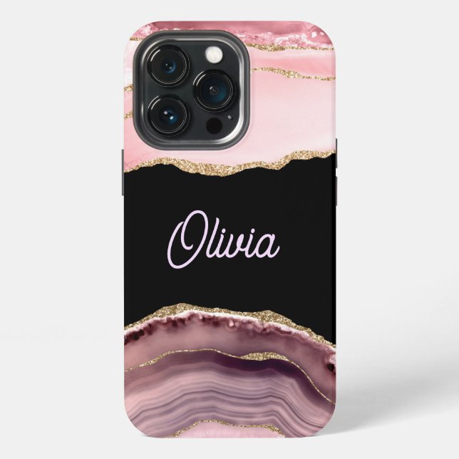 Shades of Pink Agate & Gold Glitter - Monogram  iPhone Case (Back)