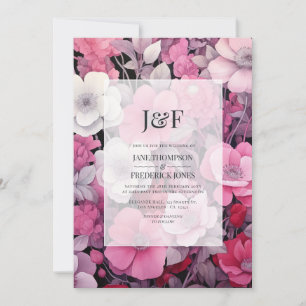 Shades of Pink and Grey Floral Wedding Monogram Invitation