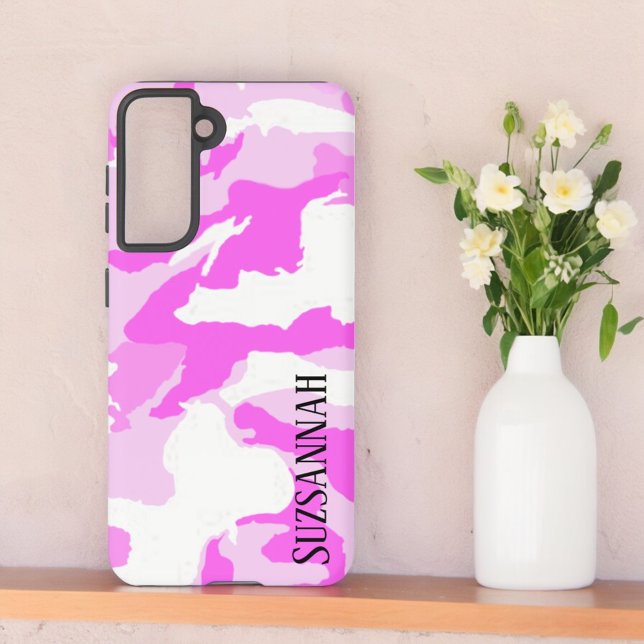 Shades of Pink and White Camouflage Samsung Galaxy S21 Case (Samsung back phone case with template text)