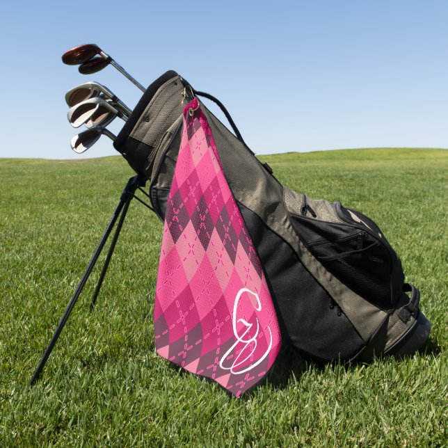 Shades of Pink Argyle Sporty Preppy Personalised  Golf Towel (Green)