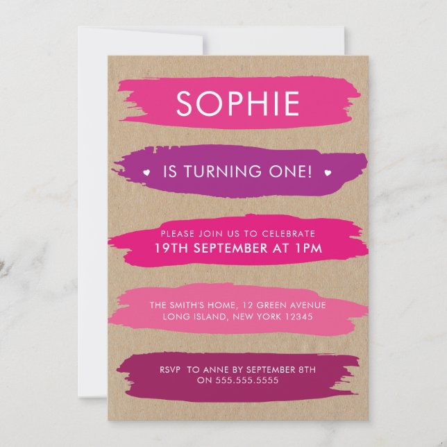 Shades Of Pink Brush Strokes Girls First Birthday Invitation (Front)