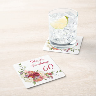 Shades of Pink White Peony Flower Happy Birthday Square Paper Coaster