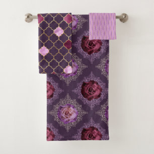 SHADES OF PURPLE FLORAL ROSES & GOLD LEAVES BATH TOWEL SET