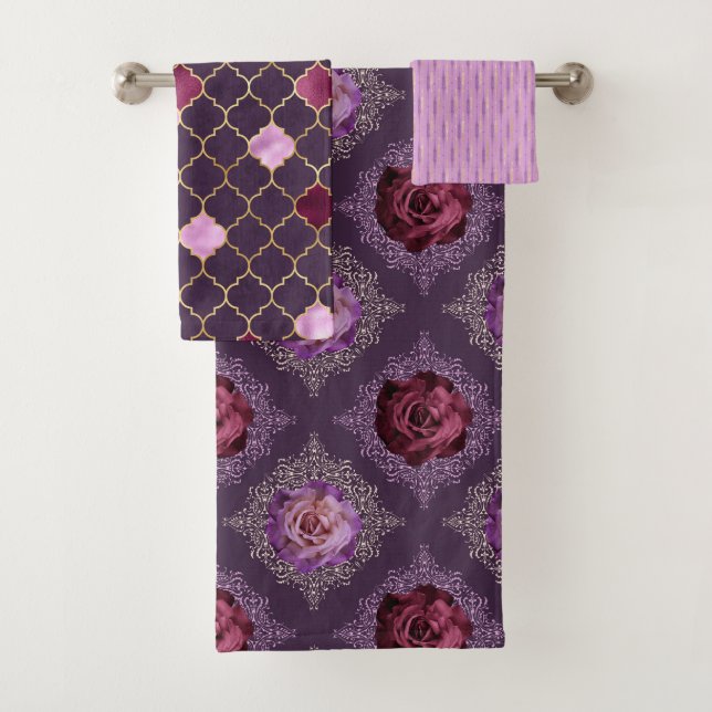 SHADES OF PURPLE FLORAL ROSES & GOLD LEAVES BATH TOWEL SET (Insitu)
