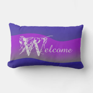 Shades of Purple on Blue Outdoor "Welcome" Lumbar Cushion