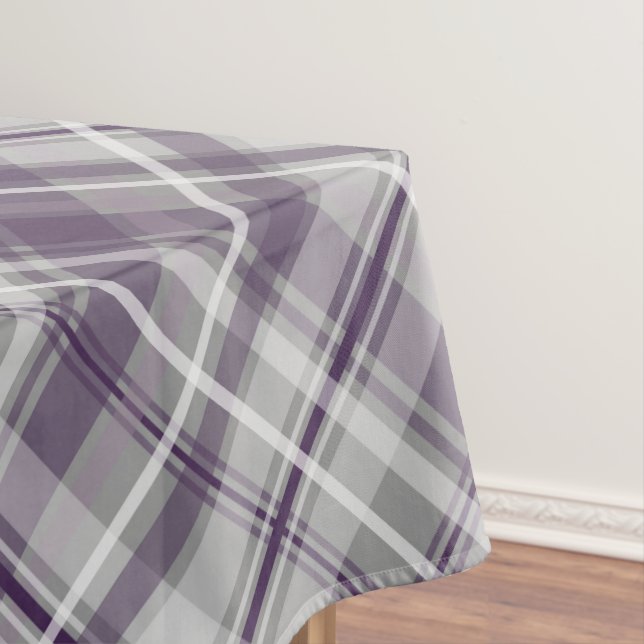 shades of purple on grey diagonal plaid tablecloth (In Situ)