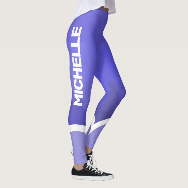 Shades of purple with white name and stripe modern leggings (Right)
