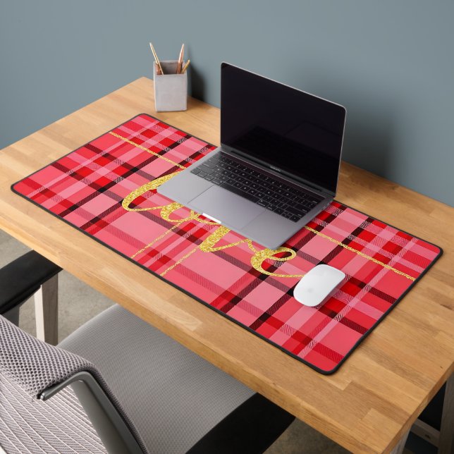 SHADES OF RED PLAID WITH GOLD LOVE SCRIPT DESK MAT (Office 2)
