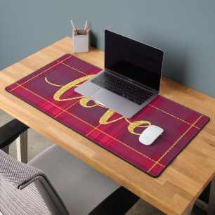 SHADES OF RED PLAID WITH GOLD LOVE SCRIPT DESK MAT