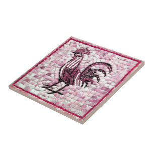 Shades of Red White Black Mosaic Rooster Design Ceramic Tile