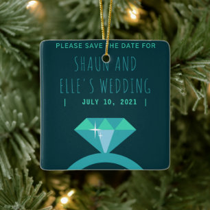 Shades of Teal Diamond Ring Save The Date Ceramic Ornament