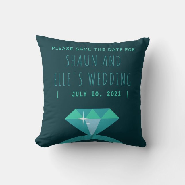 Shades of Teal Diamond Ring Save The Date Cushion (Front)