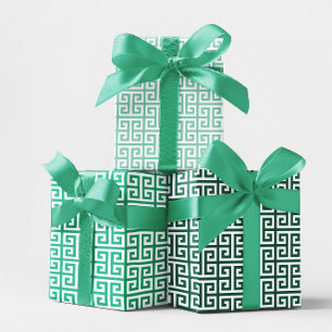 Shades of Teal Green Greek Key Wrapping Paper Sheet