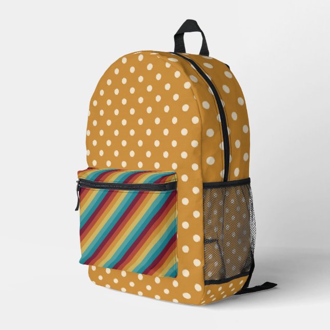 SHADES OF TURQUOISE ORANGE BROWN STRIPES & DOTS PRINTED BACKPACK (Back Corner Right)