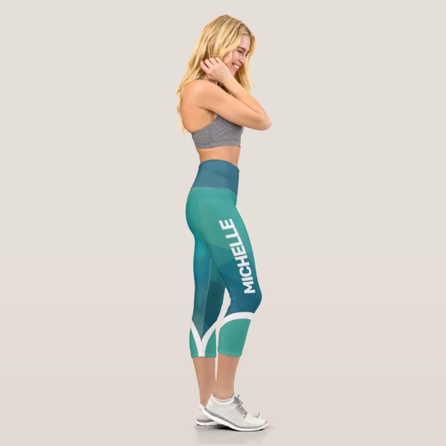 Shades of turquoise with white name stripe modern capri leggings (Right)