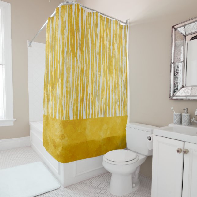 Shades of White and Yellow Striped Pattern Shower Curtain (In Situ)