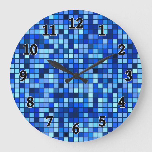 Shades Of Winter Blue And Black Squares Pattern Large Clock (Front)