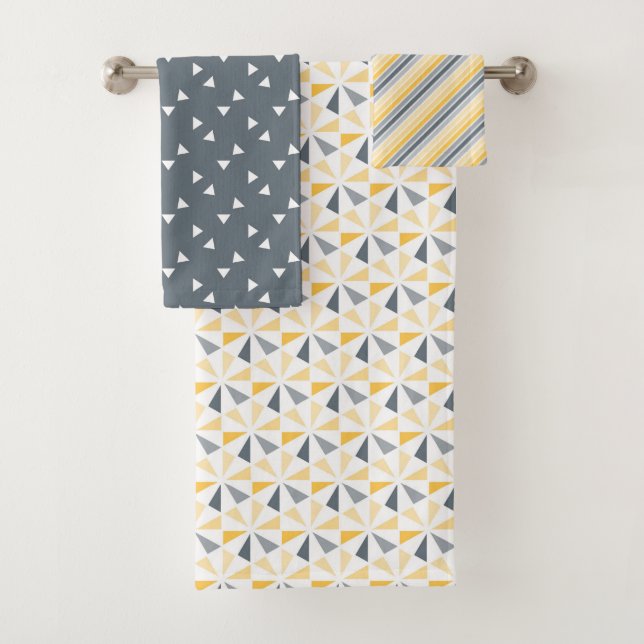 SHADES OF YELLOW GRAY BLACK STRIPES PATTERNS BATH TOWEL SET (Insitu)
