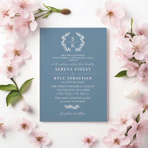 Shadow Blue Laurel Wreath Monogram Wedding Invitation