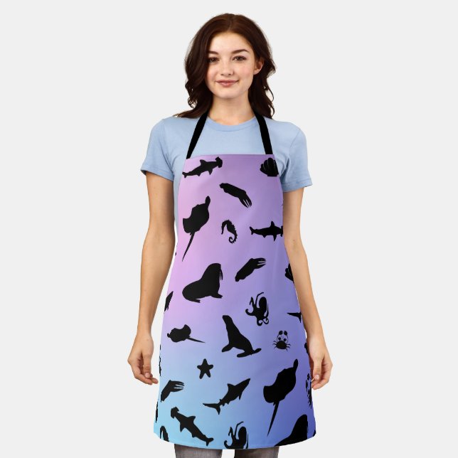 shadow fish shark seal whale crab on galaxy ocean  apron (Worn)