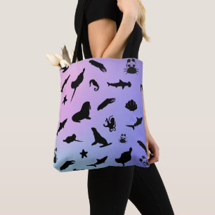 shadow fish shark seal whale crab on galaxy ocean tote bag