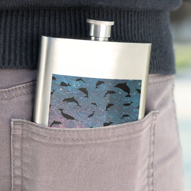 Shadow fish shark whale gradient colourful galaxy hip flask (In Situ)