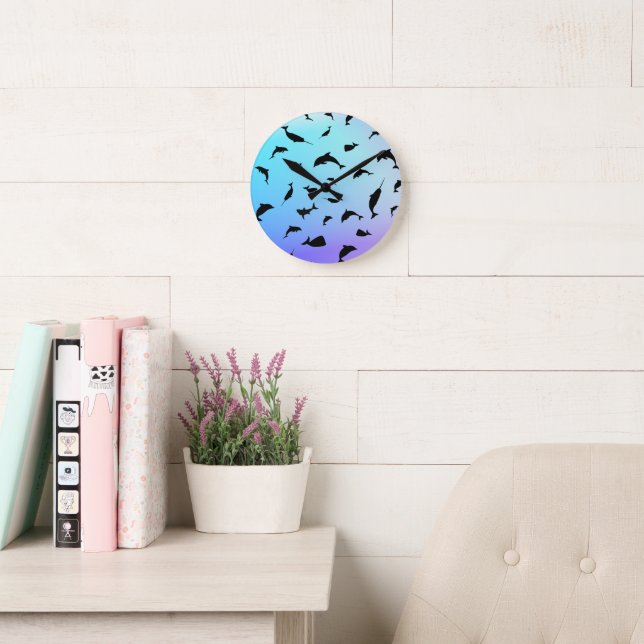 shadow fish shark whale gradient rainbow ocean round clock (Reading Room)