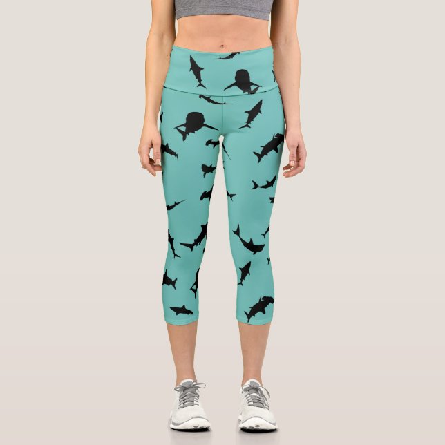 Shadow fish shark whale on gradient blue Ocean Capri Leggings (Front)
