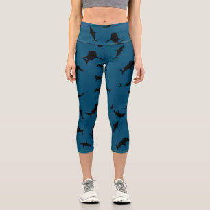 Shadow fish shark whale on gradient blue Ocean Capri Leggings