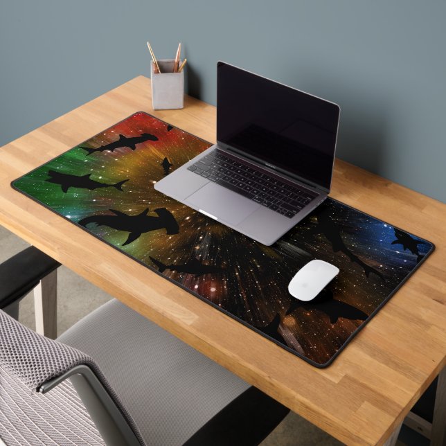 Shadow fish shark whale on gradient galaxy Space Desk Mat (Office 2)