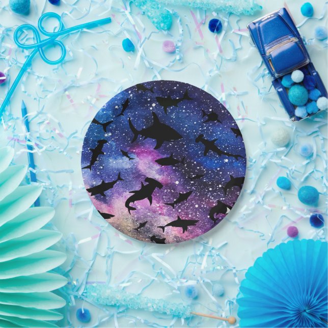 Shadow fish shark whale on gradient galaxy Space Paper Plate (Party)