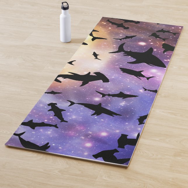 Shadow fish shark whale on gradient galaxy Space Yoga Mat (In Situ)