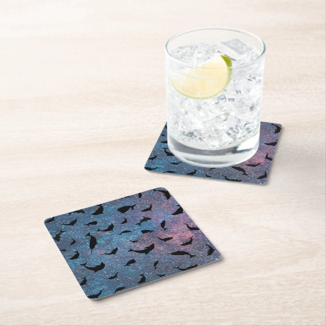 shadow fish shark whale on gradient galaxy square paper coaster (Insitu)