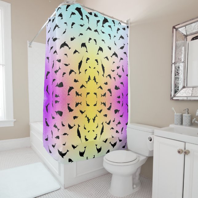 shadow fish shark whale on gradient ocean shower curtain (In Situ)