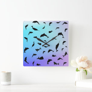 shadow fish shark whale on gradient ocean square wall clock