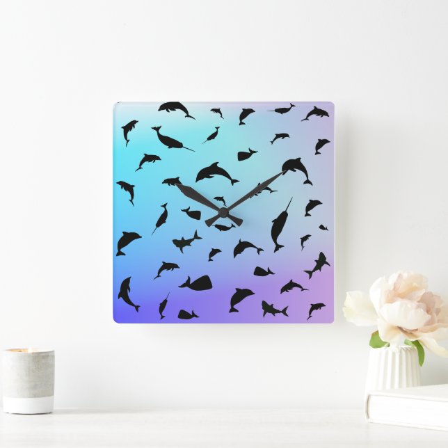shadow fish shark whale on gradient ocean square wall clock (Home)