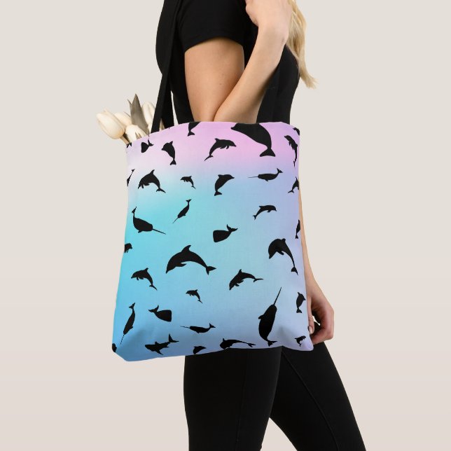 shadow fish shark whale on gradient ocean  tote bag (Close Up)