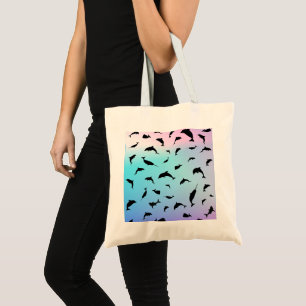 shadow fish shark whale on gradient ocean tote bag