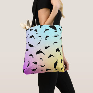 shadow fish shark whale on gradient ocean tote bag