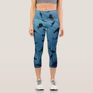 Shadow fish shark whale on Turquoise blue Ocean Capri Leggings