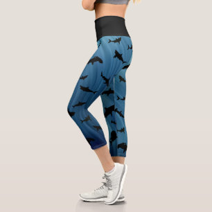 Shadow fish shark whale on Turquoise blue Ocean Capri Leggings