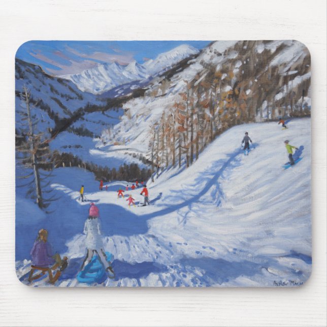 Shadow of a fir tree and skiers Tignes.2014 Mouse Pad (Front)