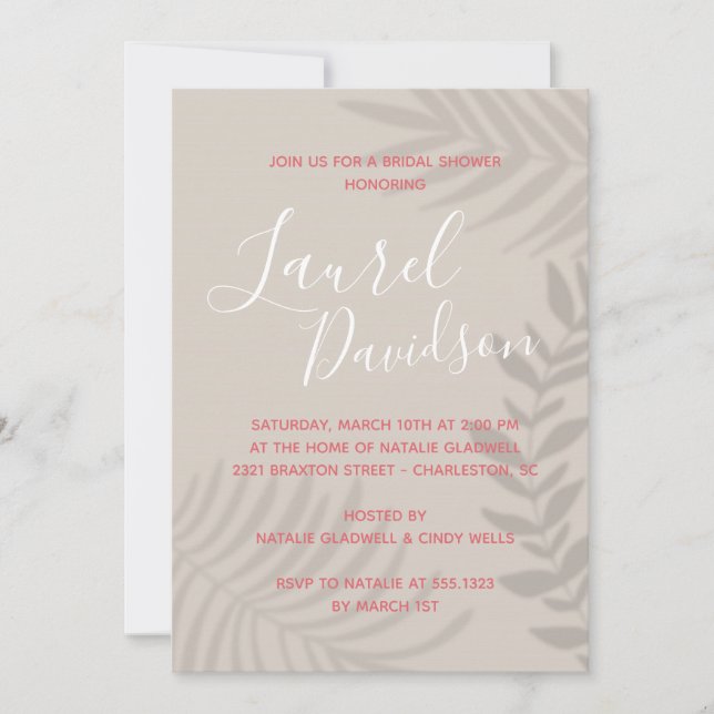 Shadow Palm Tan and Coral Shower Invitation (Front)