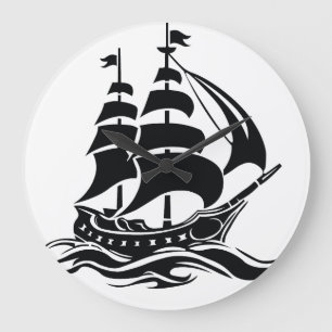Shadow Sailing Ship – Vintage Ocean Illustration Large Clock